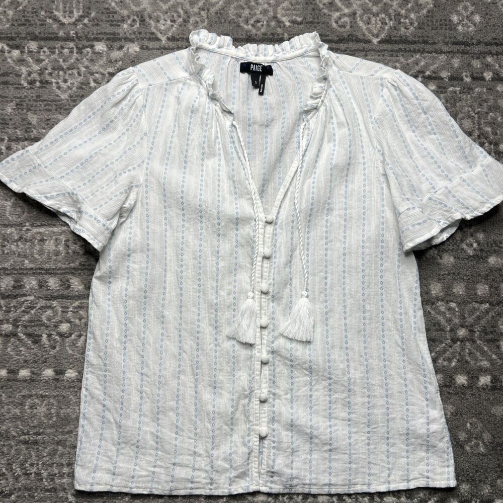 Paige Provence Short Sleeve Cotton Stripe Top Shirt Small Ruffle Tassels Button